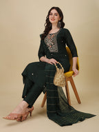 Embroidered Bottle Green Kurta With Pant And Dupatta Set, Multicolor - Hiral Fashion | Grocsy