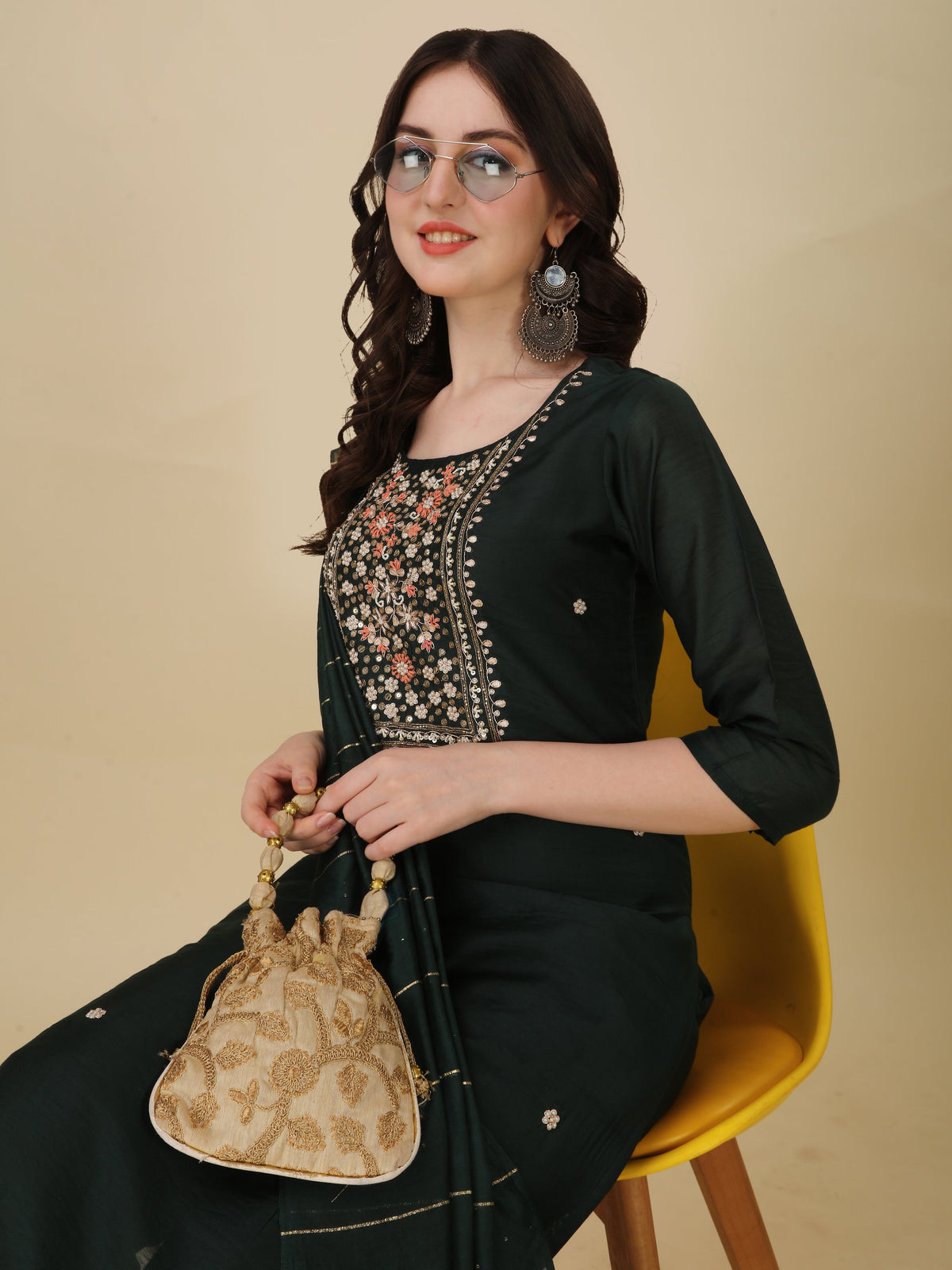 Embroidered Bottle Green Kurta With Pant And Dupatta Set, Multicolor - Hiral Fashion | Grocsy