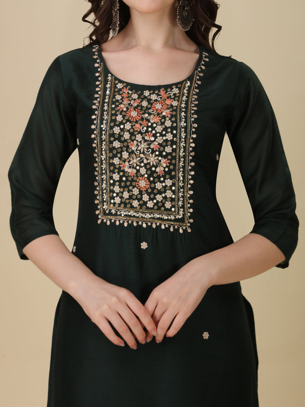 Embroidered Bottle Green Kurta With Pant And Dupatta Set, Multicolor - Hiral Fashion | Grocsy