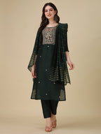 Embroidered Bottle Green Kurta With Pant And Dupatta Set, Multicolor - Hiral Fashion | Grocsy