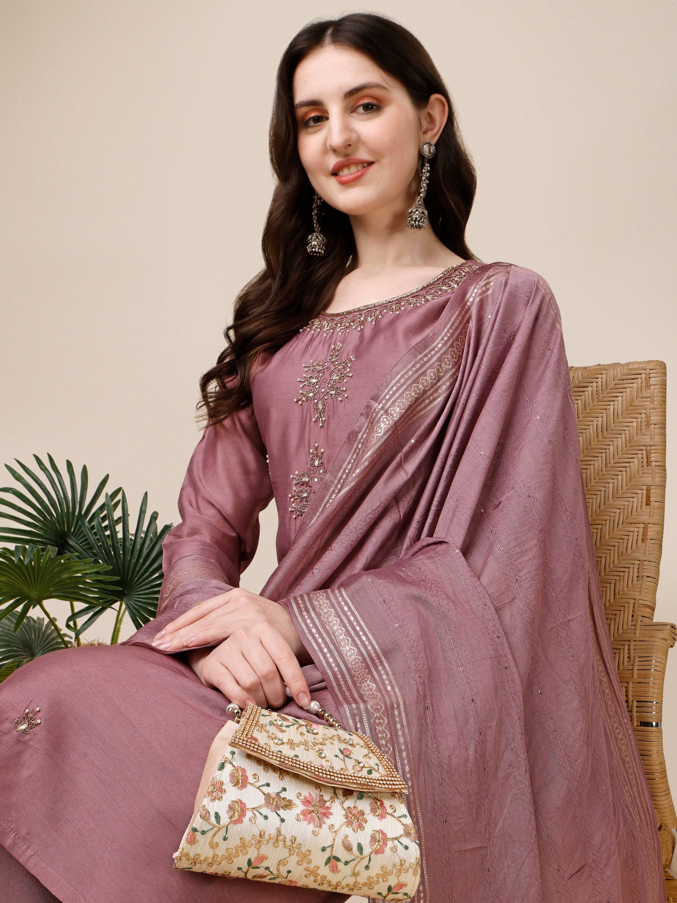 Hand Embroidered Kurta With Pant And Dupatta Set, Multicolor - Hiral Fashion | Grocsy
