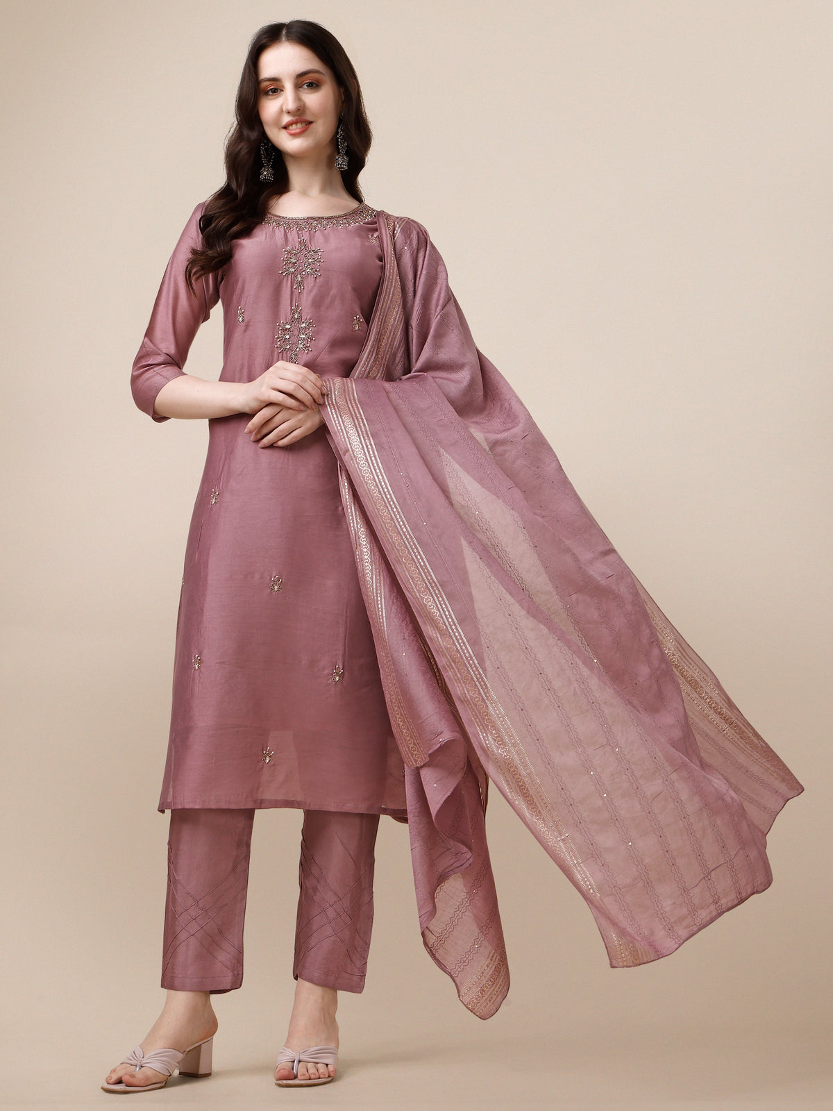 Hand Embroidered Kurta With Pant And Dupatta Set, Multicolor - Hiral Fashion | Grocsy
