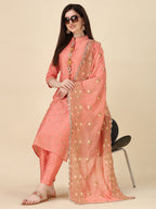 Embellished Hand Embroidered Buttoned Kurta With Pant & Dupatta Set, Multicolor - Hiral Fashion | Grocsy