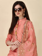 Embellished Hand Embroidered Buttoned Kurta With Pant & Dupatta Set, Multicolor - Hiral Fashion | Grocsy
