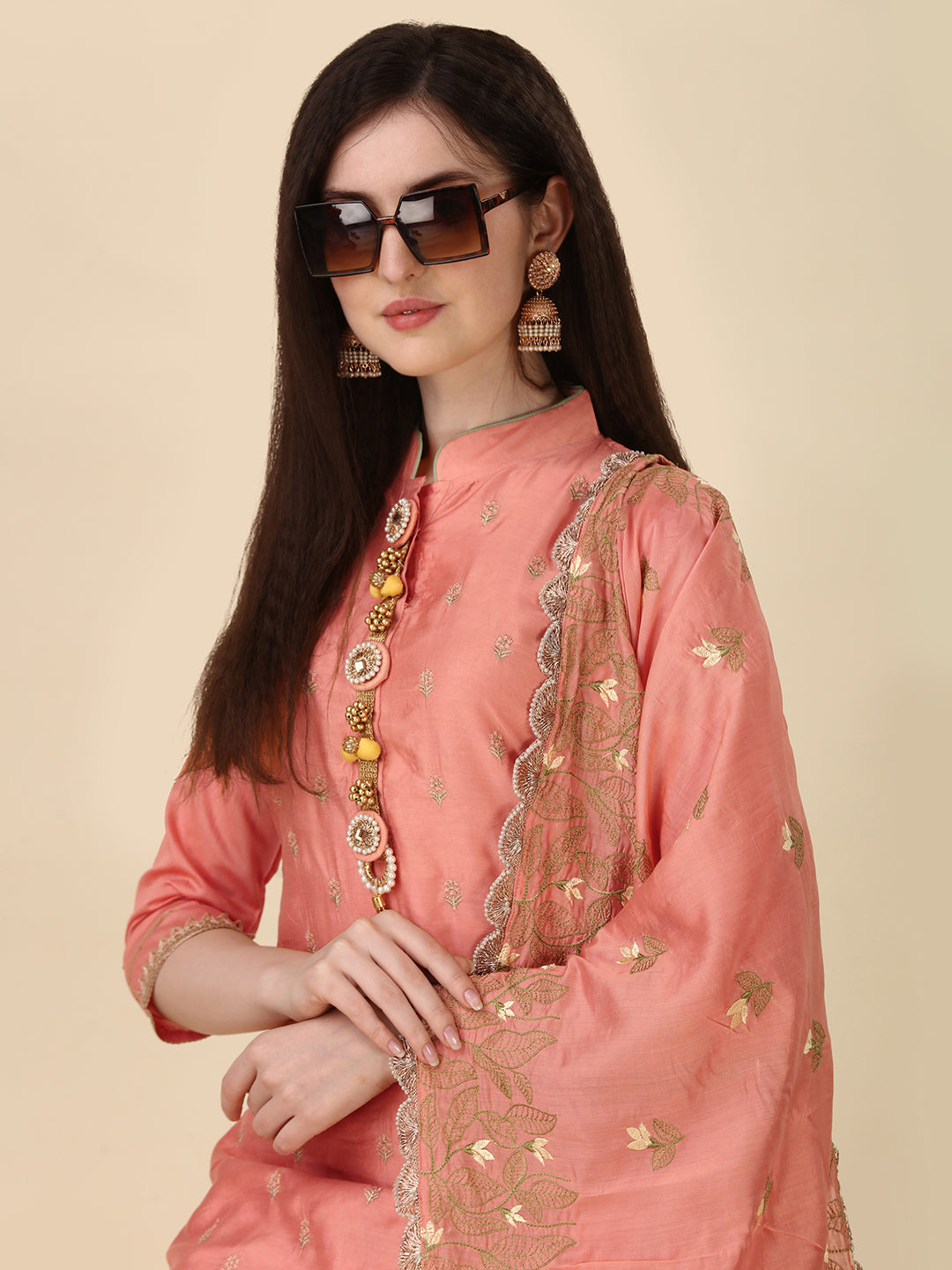 Embellished Hand Embroidered Buttoned Kurta With Pant & Dupatta Set, Multicolor - Hiral Fashion | Grocsy