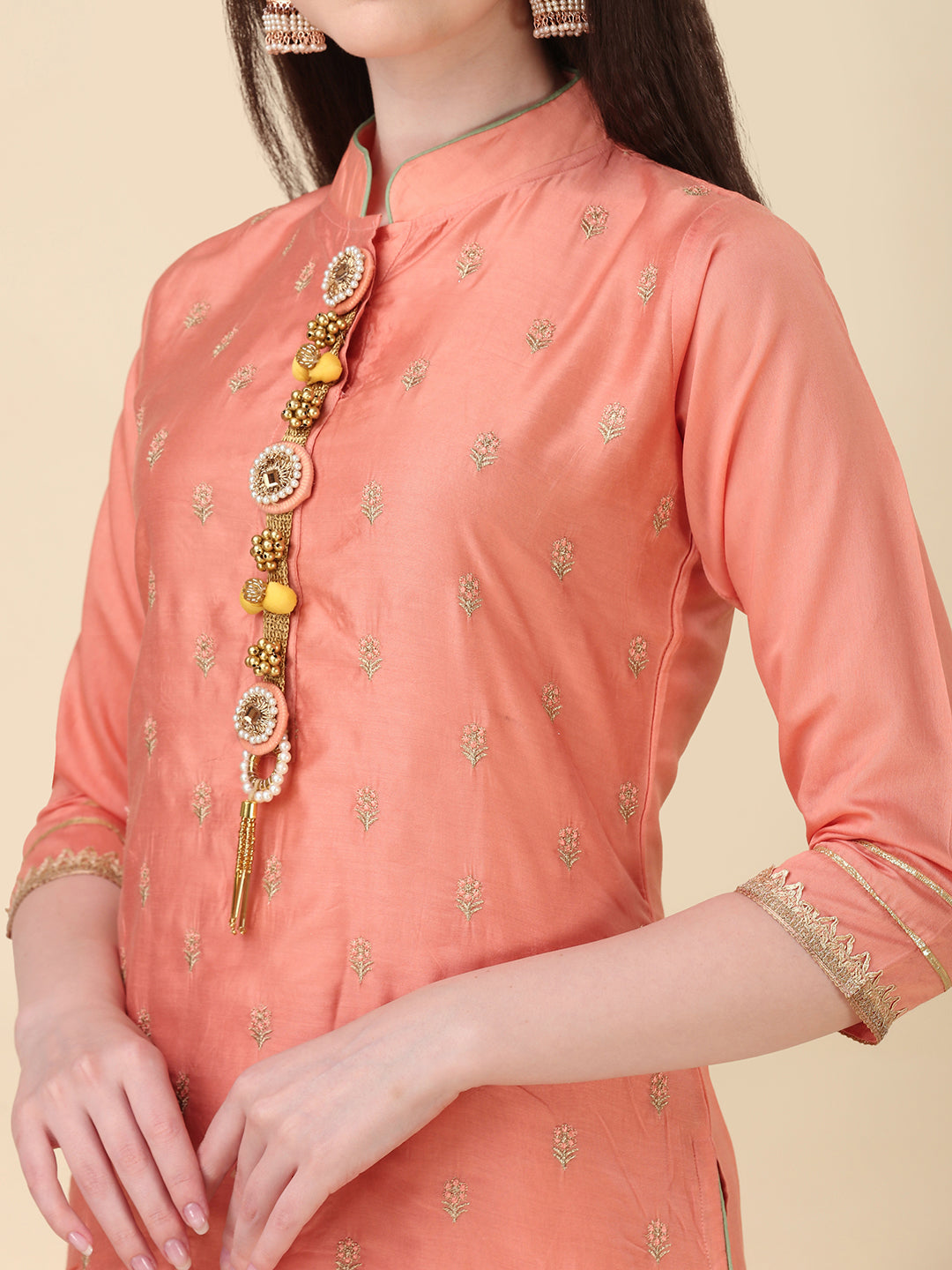 Embellished Hand Embroidered Buttoned Kurta With Pant & Dupatta Set, Multicolor - Hiral Fashion | Grocsy