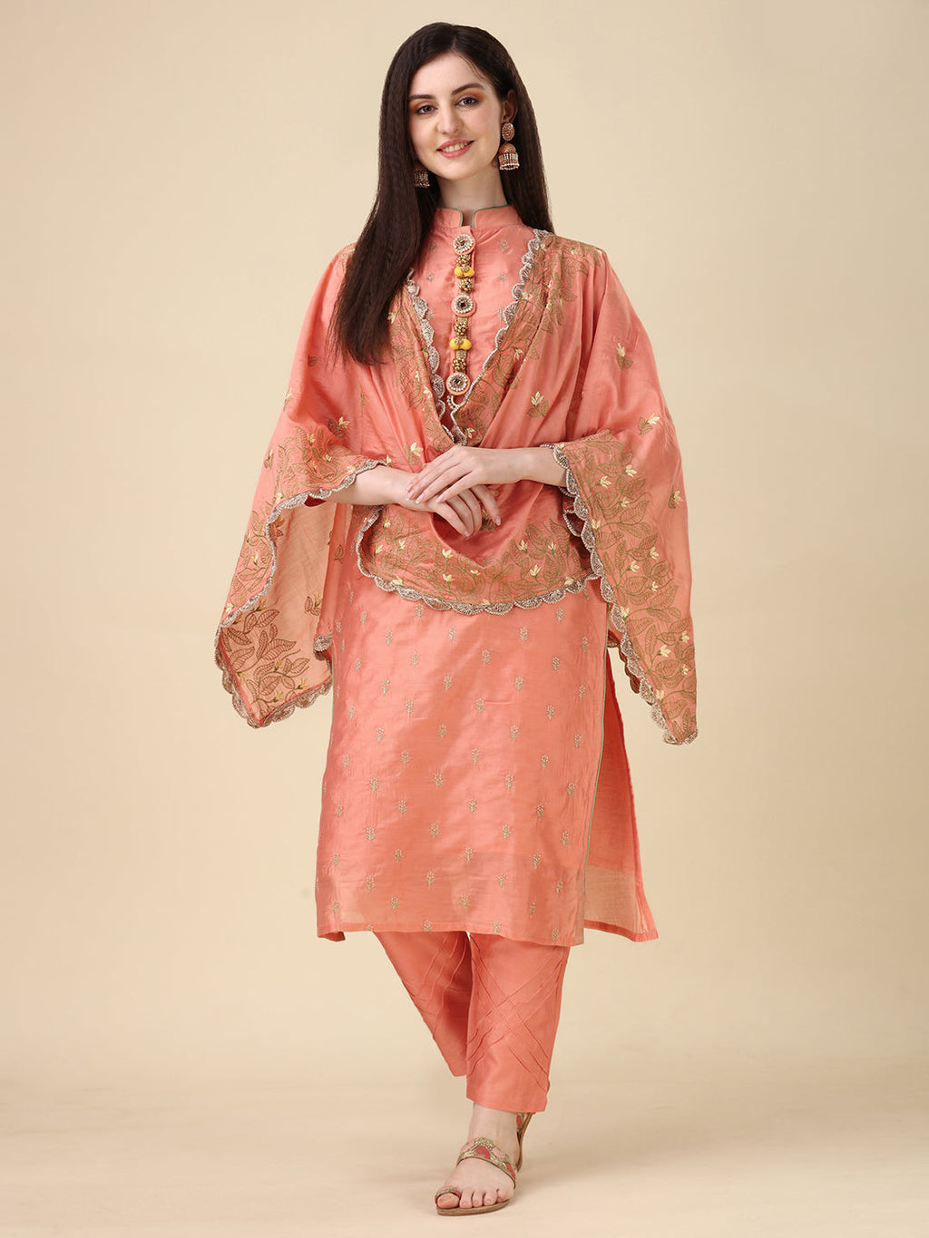 Embellished Hand Embroidered Buttoned Kurta With Pant & Dupatta Set, Multicolor - Hiral Fashion | Grocsy