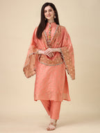 Embellished Hand Embroidered Buttoned Kurta With Pant & Dupatta Set, Multicolor - Hiral Fashion | Grocsy