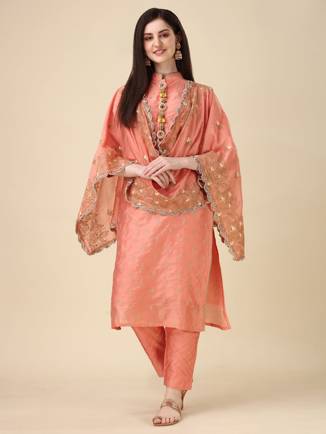 Embellished Hand Embroidered Buttoned Kurta With Pant & Dupatta Set, Multicolor - Hiral Fashion | Grocsy