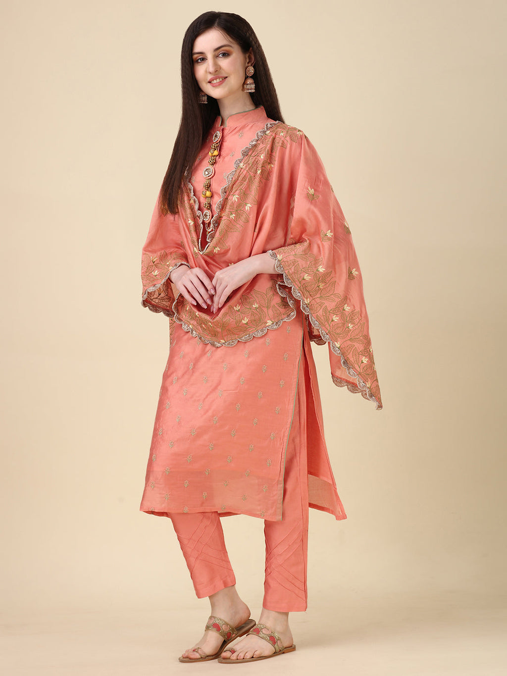 Embellished Hand Embroidered Buttoned Kurta With Pant & Dupatta Set, Multicolor - Hiral Fashion | Grocsy