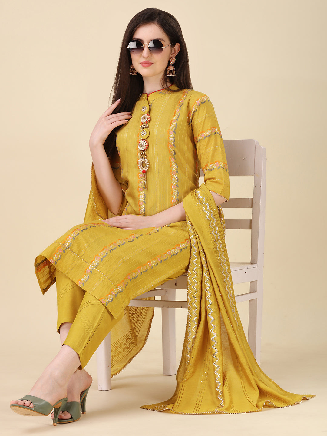 Embellished Buttoned Kurta With Pant And Dupatta Set, Multicolor - Hiral Fashion | Grocsy