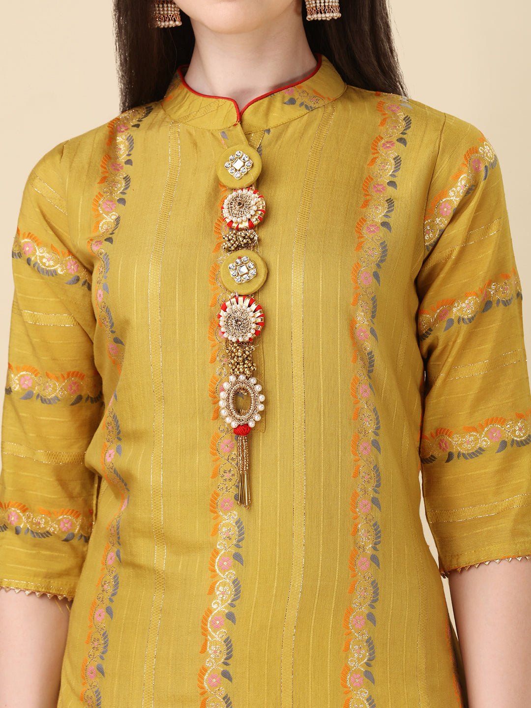 Embellished Buttoned Kurta With Pant And Dupatta Set, Multicolor - Hiral Fashion | Grocsy