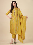 Embellished Buttoned Kurta With Pant And Dupatta Set, Multicolor - Hiral Fashion | Grocsy