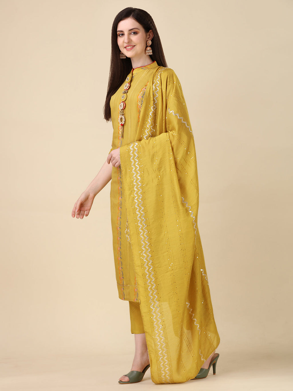 Embellished Buttoned Kurta With Pant And Dupatta Set, Multicolor - Hiral Fashion | Grocsy
