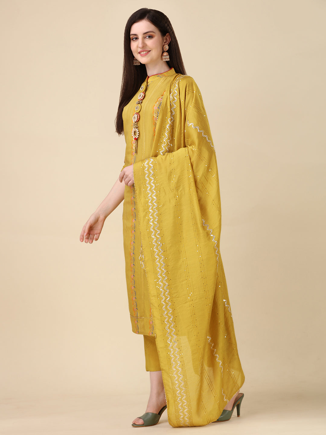 Embellished Buttoned Kurta With Pant And Dupatta Set, Multicolor - Hiral Fashion | Grocsy
