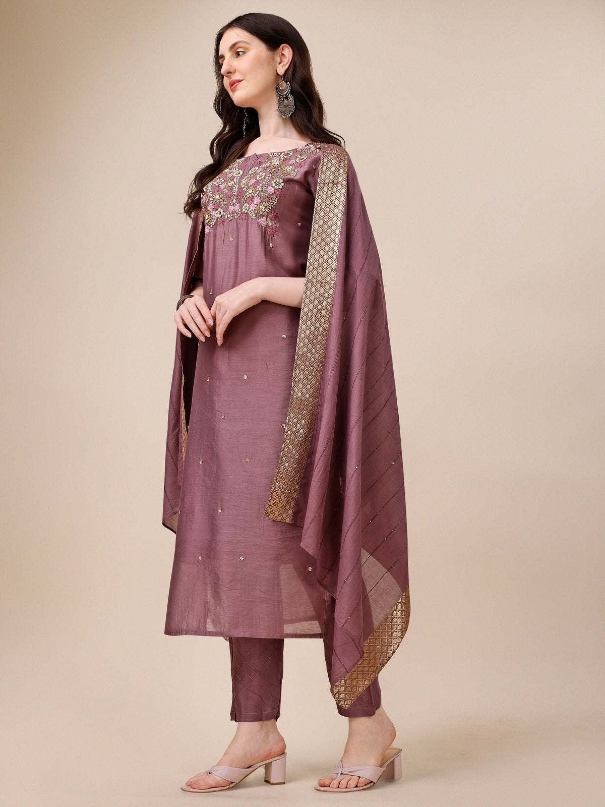 Hand Embroidered Kurta With Pant And Dupatta Set, Multicolor - Hiral Fashion | Grocsy