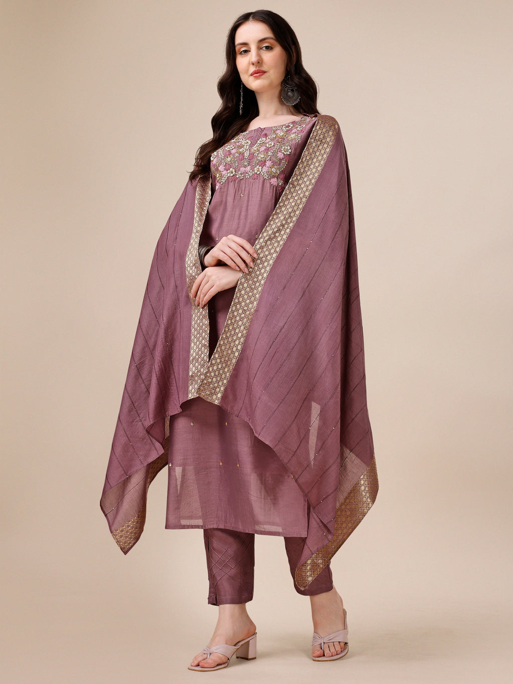 Hand Embroidered Kurta With Pant And Dupatta Set, Multicolor - Hiral Fashion | Grocsy