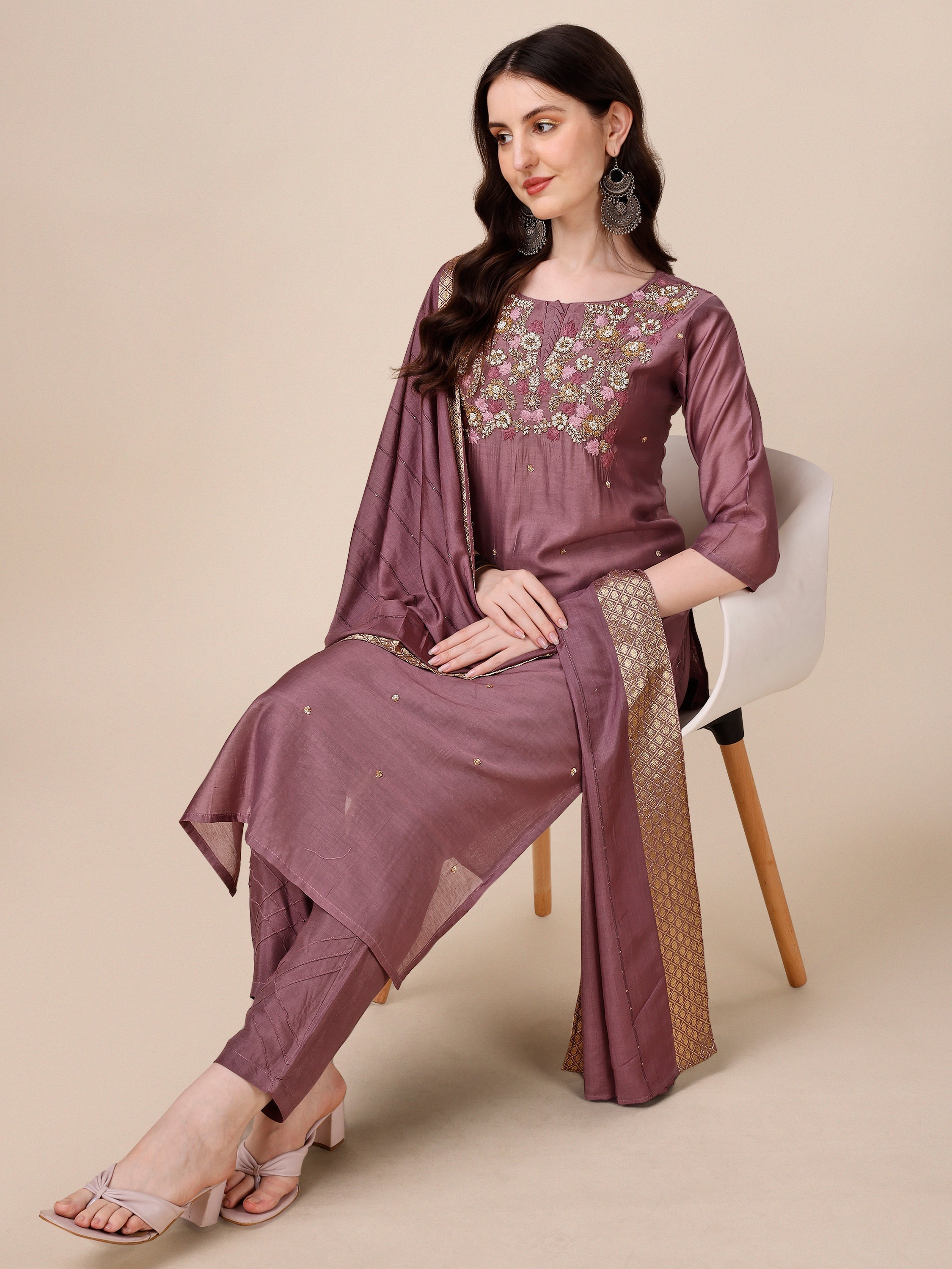 Hand Embroidered Kurta With Pant And Dupatta Set, Multicolor - Hiral Fashion | Grocsy