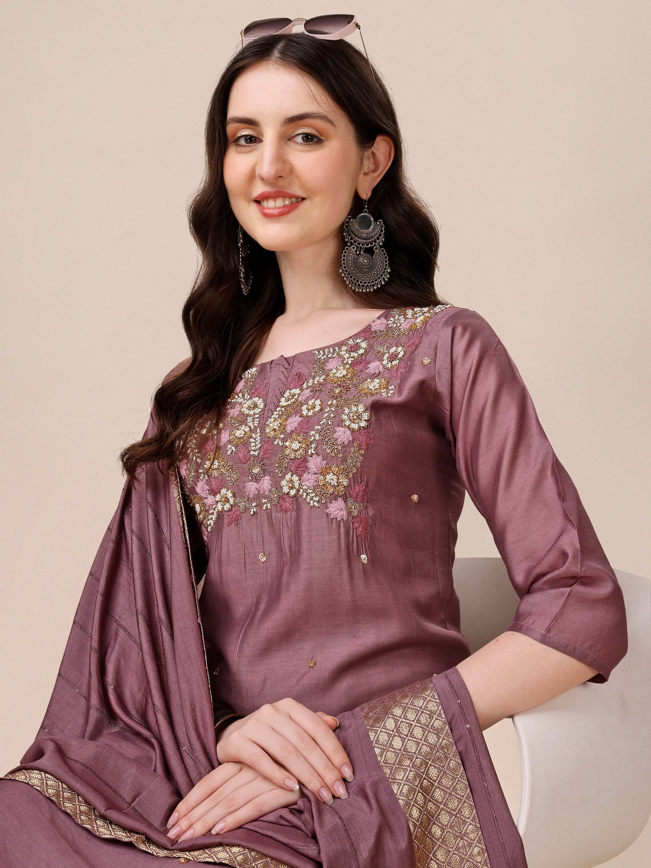 Hand Embroidered Kurta With Pant And Dupatta Set, Multicolor - Hiral Fashion | Grocsy
