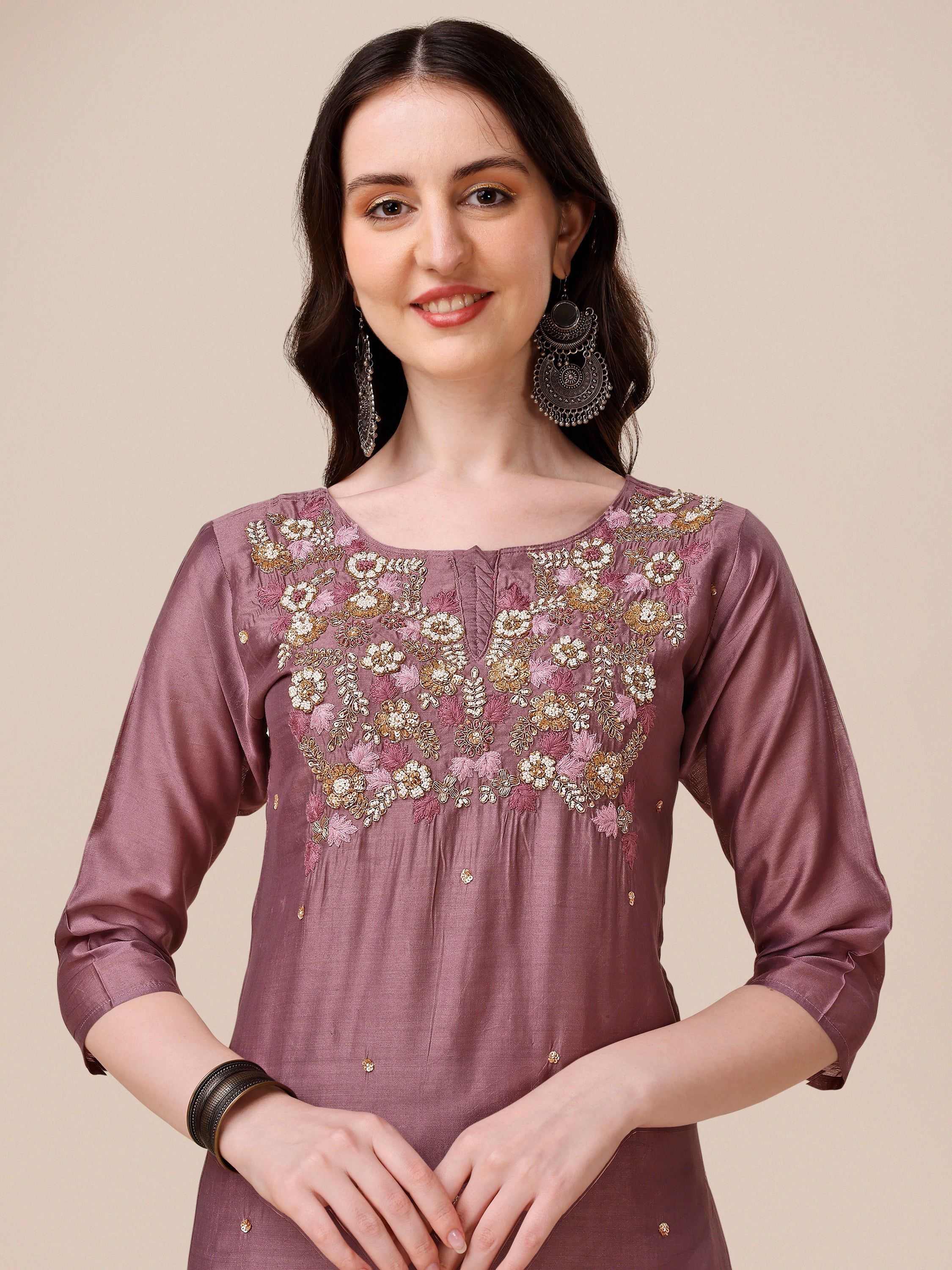 Hand Embroidered Kurta With Pant And Dupatta Set, Multicolor - Hiral Fashion | Grocsy