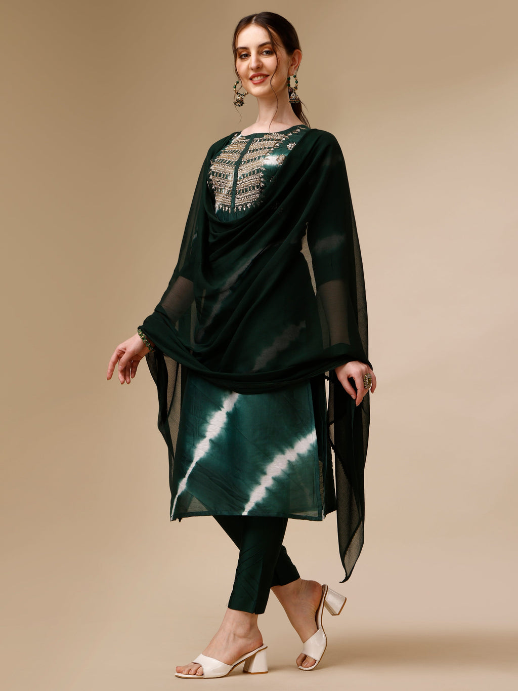 Lehariya Printed And Embroidered Kurta With Pant And Dupatta Set, Multicolor - Hiral Fashion | Grocsy