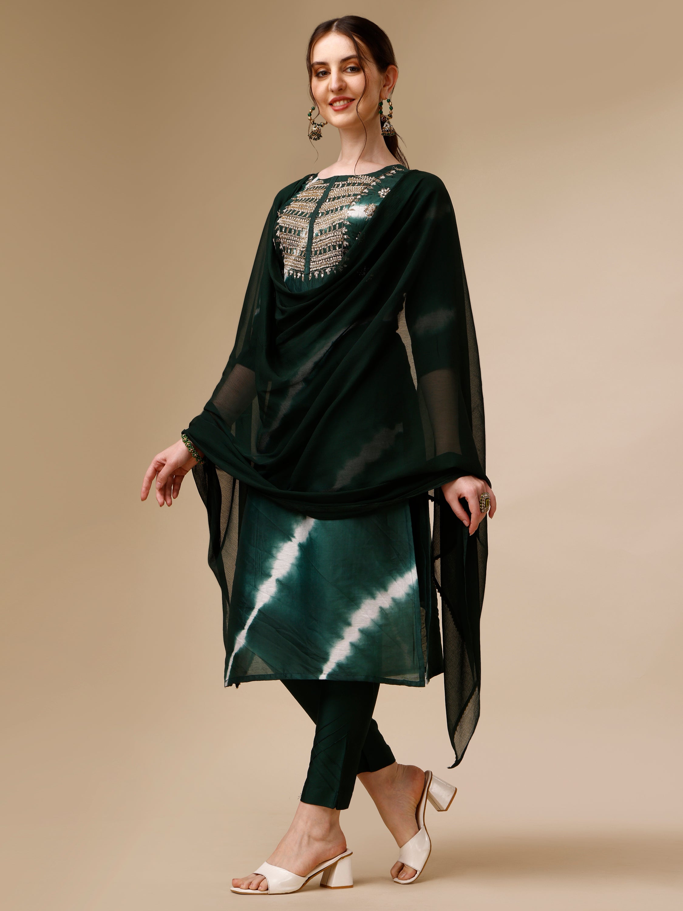 Lehariya Printed And Embroidered Kurta With Pant And Dupatta Set, Multicolor - Hiral Fashion | Grocsy