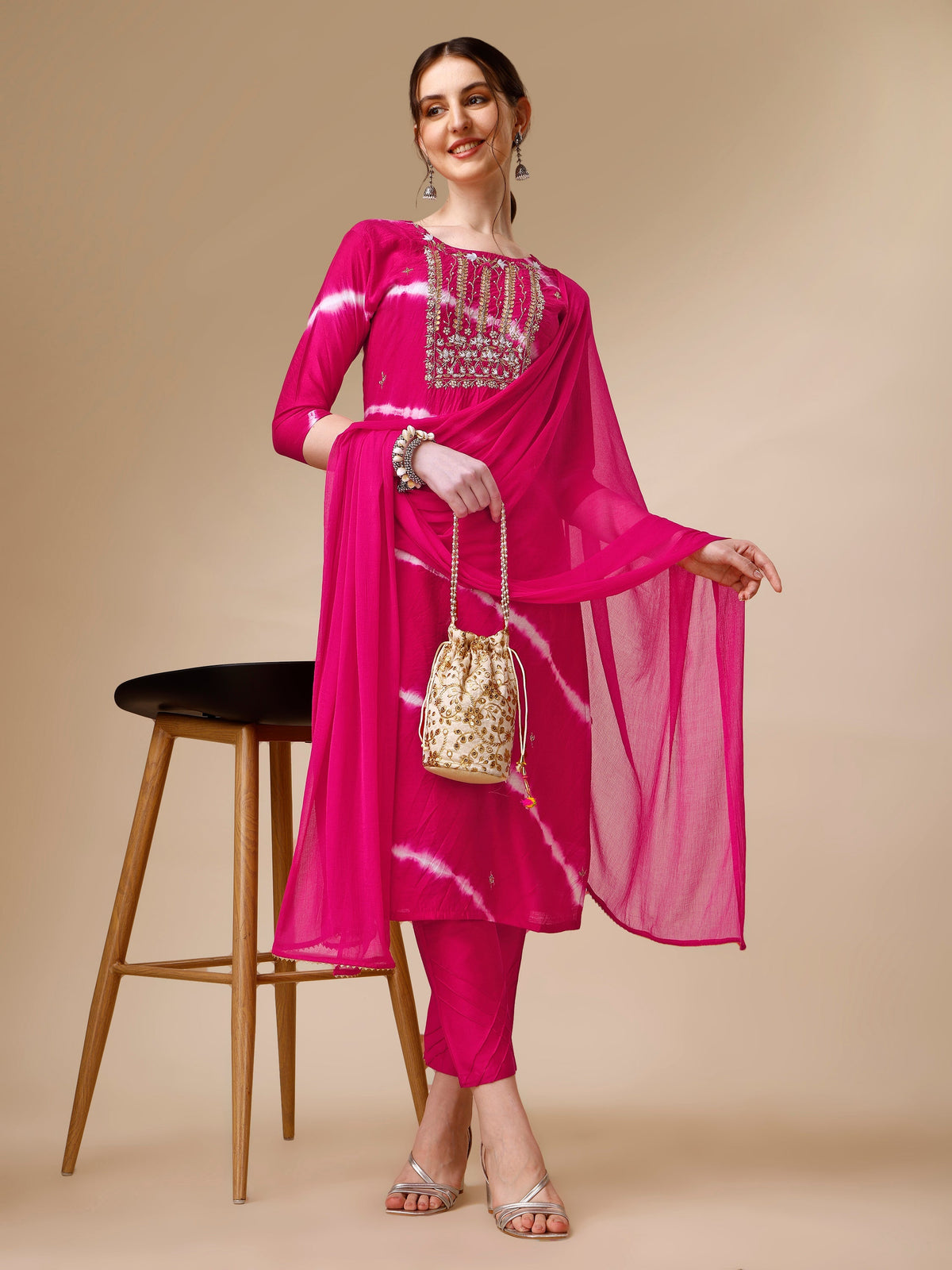 Lehariya Printed And Embroidered Kurta With Pant And Dupatta Set, Multicolor - Hiral Fashion | Grocsy