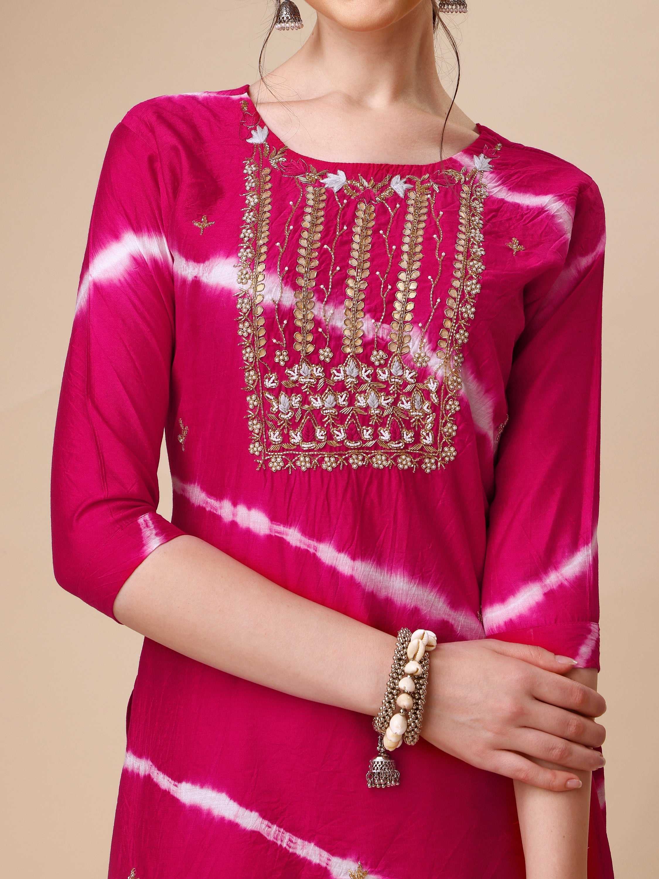 Lehariya Printed And Embroidered Kurta With Pant And Dupatta Set, Multicolor - Hiral Fashion | Grocsy