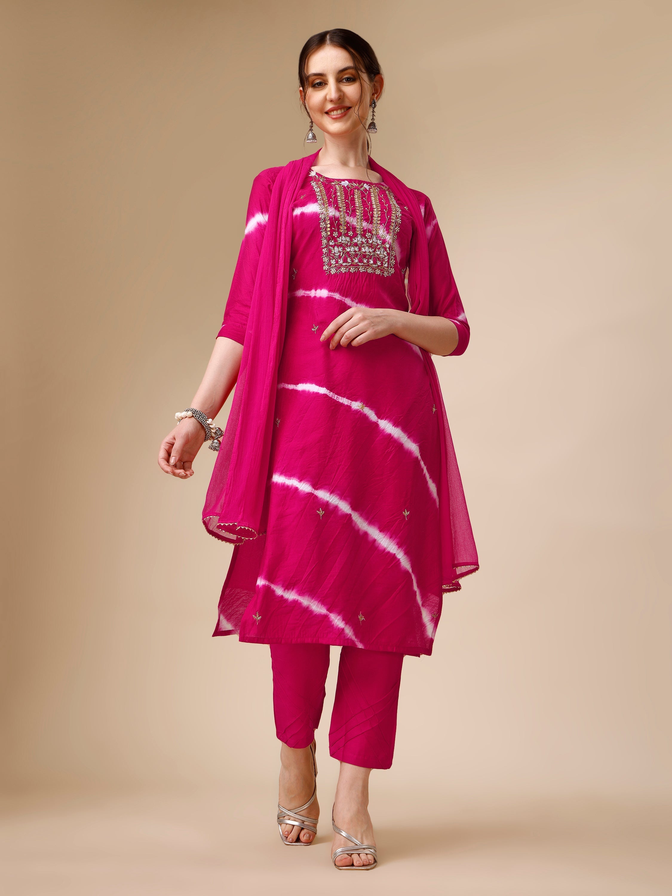 Lehariya Printed And Embroidered Kurta With Pant And Dupatta Set, Multicolor - Hiral Fashion | Grocsy