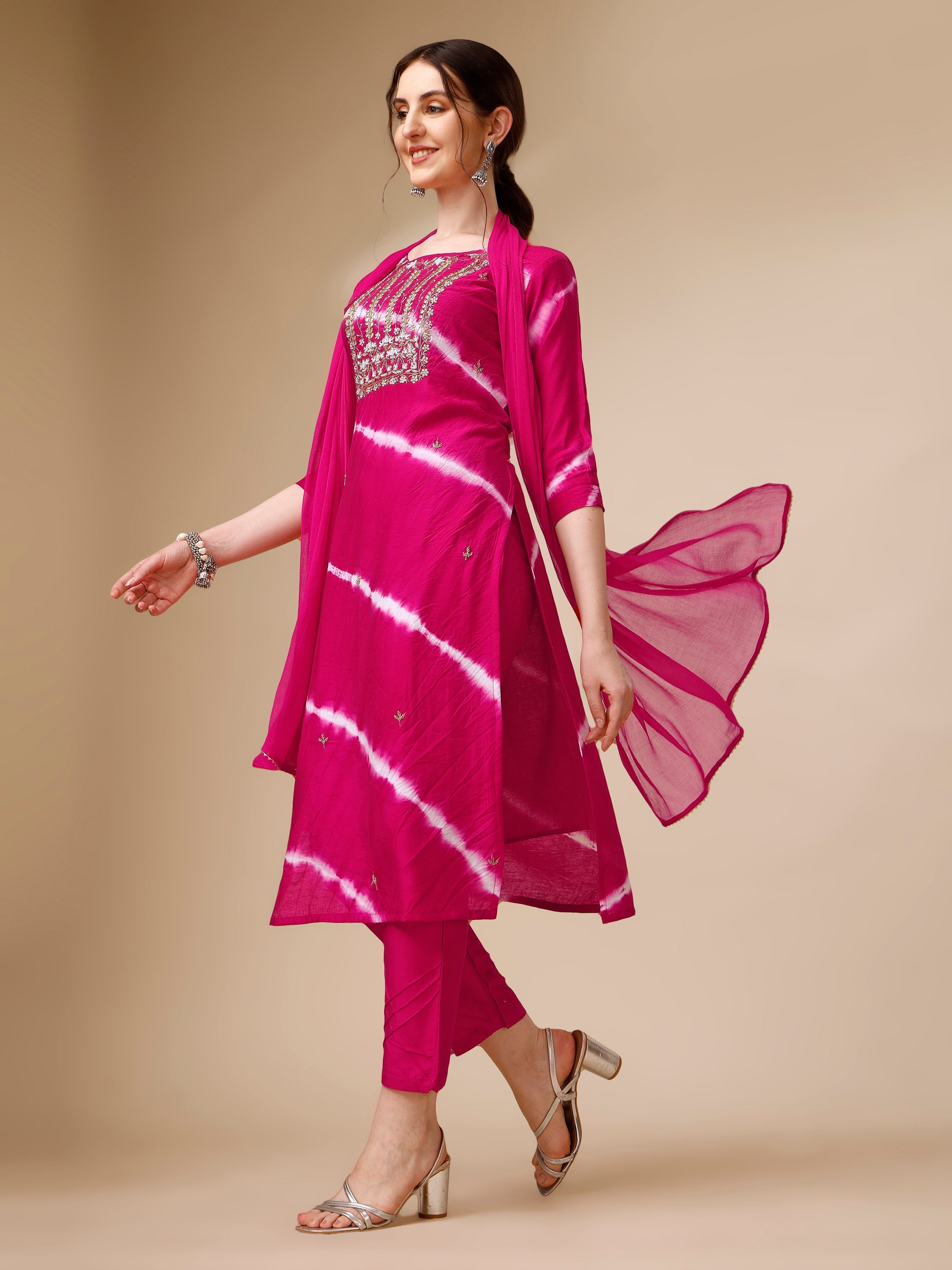 Lehariya Printed And Embroidered Kurta With Pant And Dupatta Set, Multicolor - Hiral Fashion | Grocsy