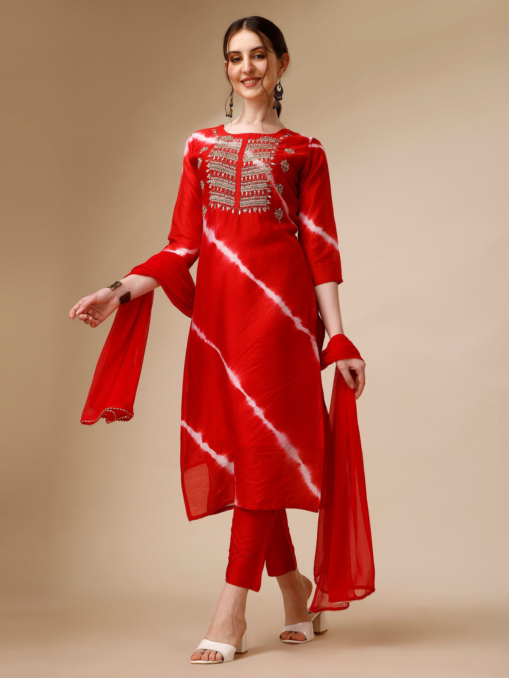 Lehariya Printed And Embroidered Kurta With Pant And Dupatta Set, Multicolor - Hiral Fashion | Grocsy