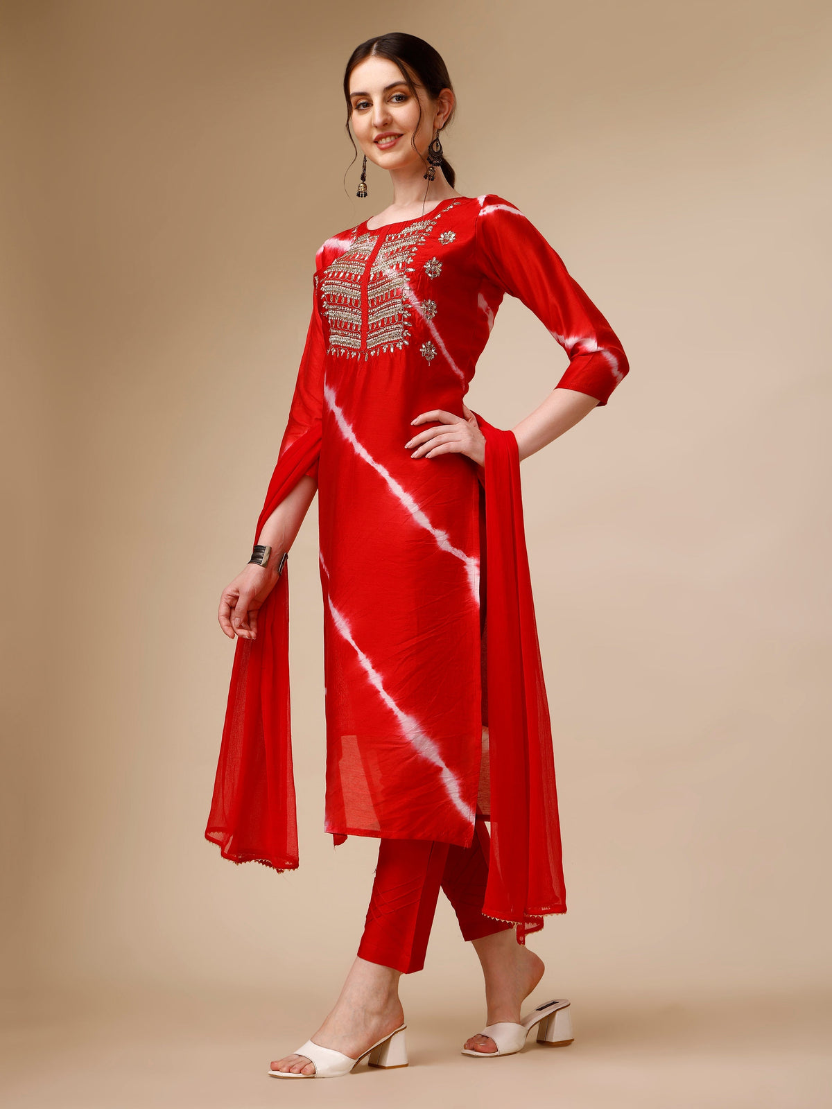 Lehariya Printed And Embroidered Kurta With Pant And Dupatta Set, Multicolor - Hiral Fashion | Grocsy