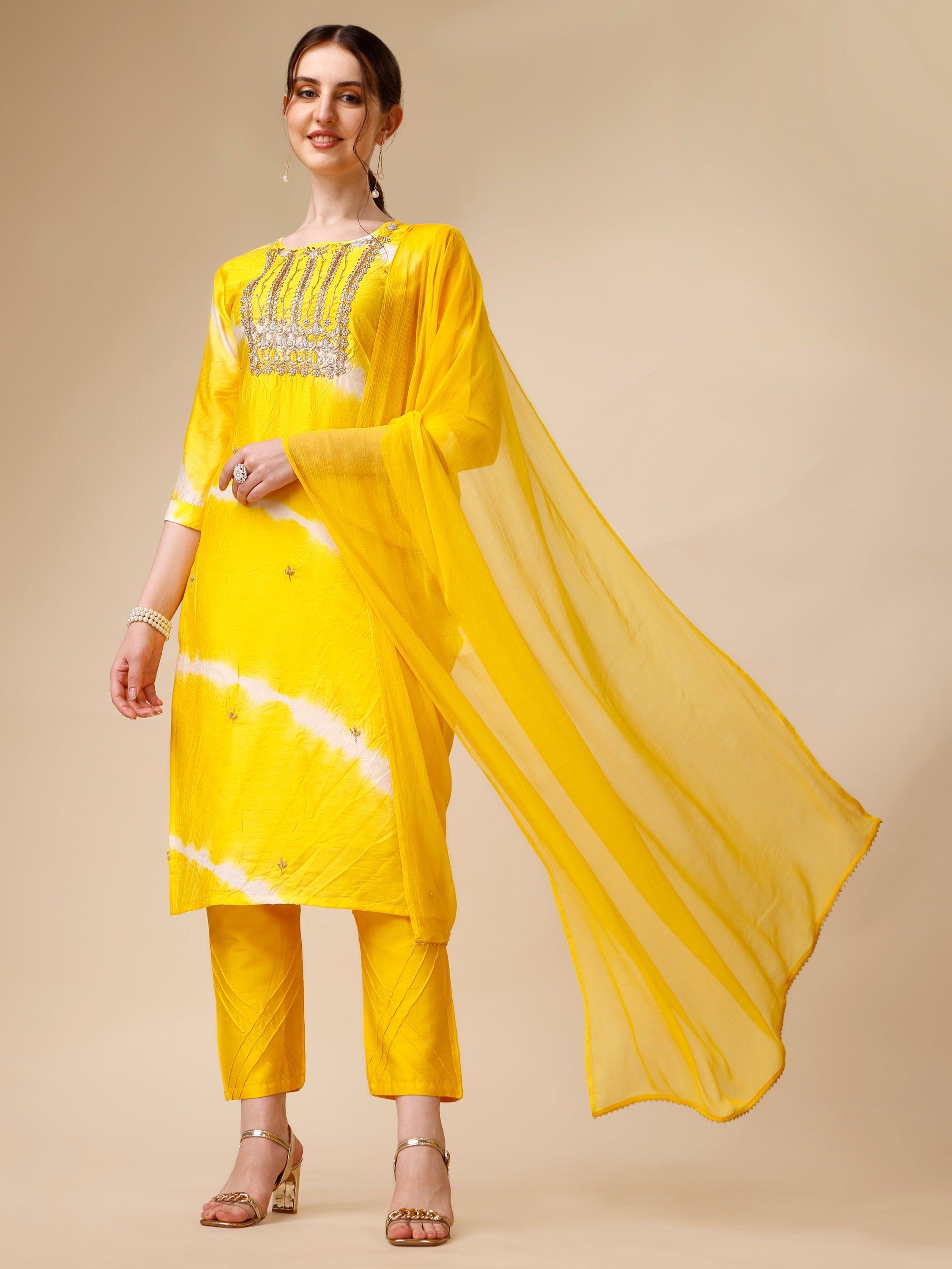Lehariya Printed And Embroidered Kurta With Pant And Dupatta Set, Multicolor - Hiral Fashion | Grocsy