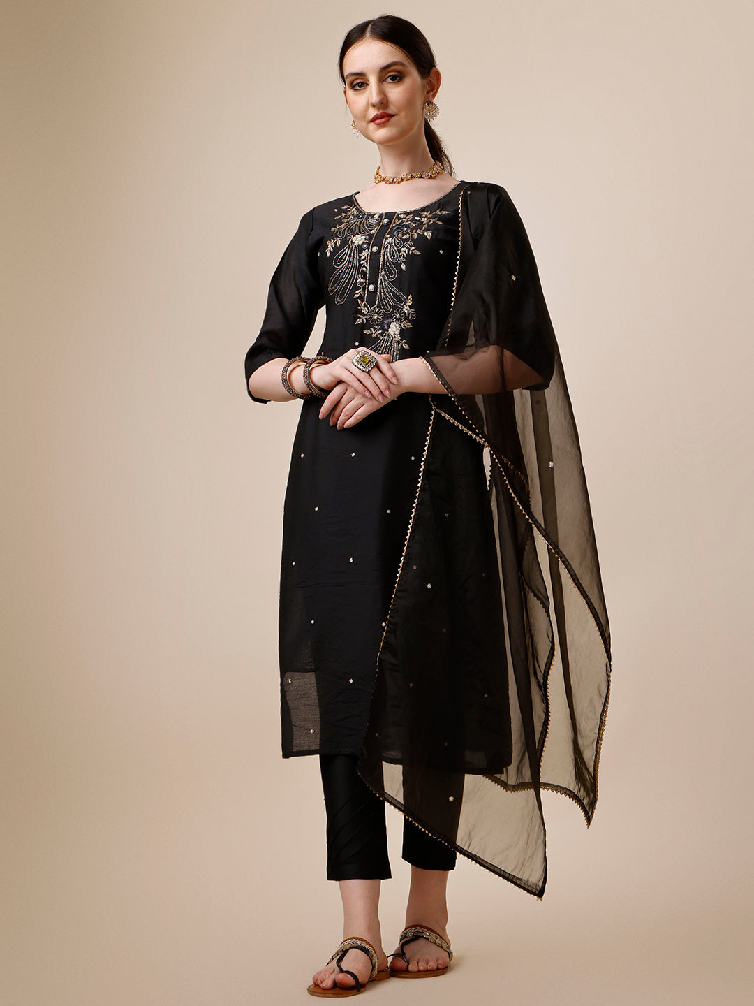 Embroidered Kurta With Pant And Dupatta Set, Multicolor - Hiral Fashion | Grocsy