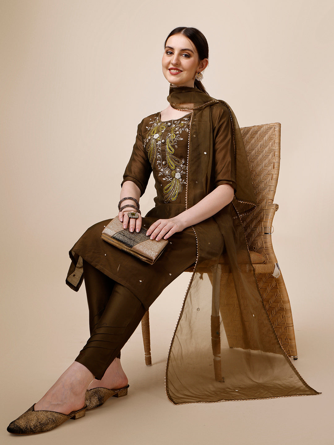 Embroidered Green Kurta With Pant And Dupatta Set, Multicolor - Hiral Fashion | Grocsy