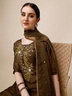 Embroidered Green Kurta With Pant And Dupatta Set, Multicolor - Hiral Fashion | Grocsy