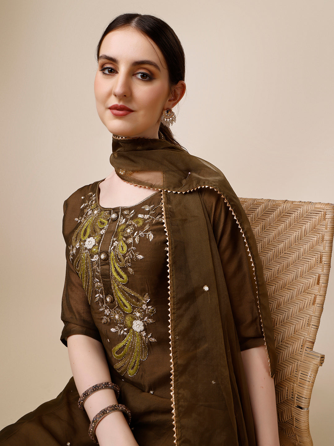Embroidered Green Kurta With Pant And Dupatta Set, Multicolor - Hiral Fashion | Grocsy