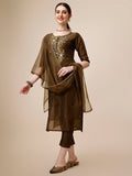 Embroidered Green Kurta With Pant And Dupatta Set, Multicolor - Hiral Fashion | Grocsy