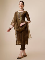 Embroidered Green Kurta With Pant And Dupatta Set, Multicolor - Hiral Fashion | Grocsy