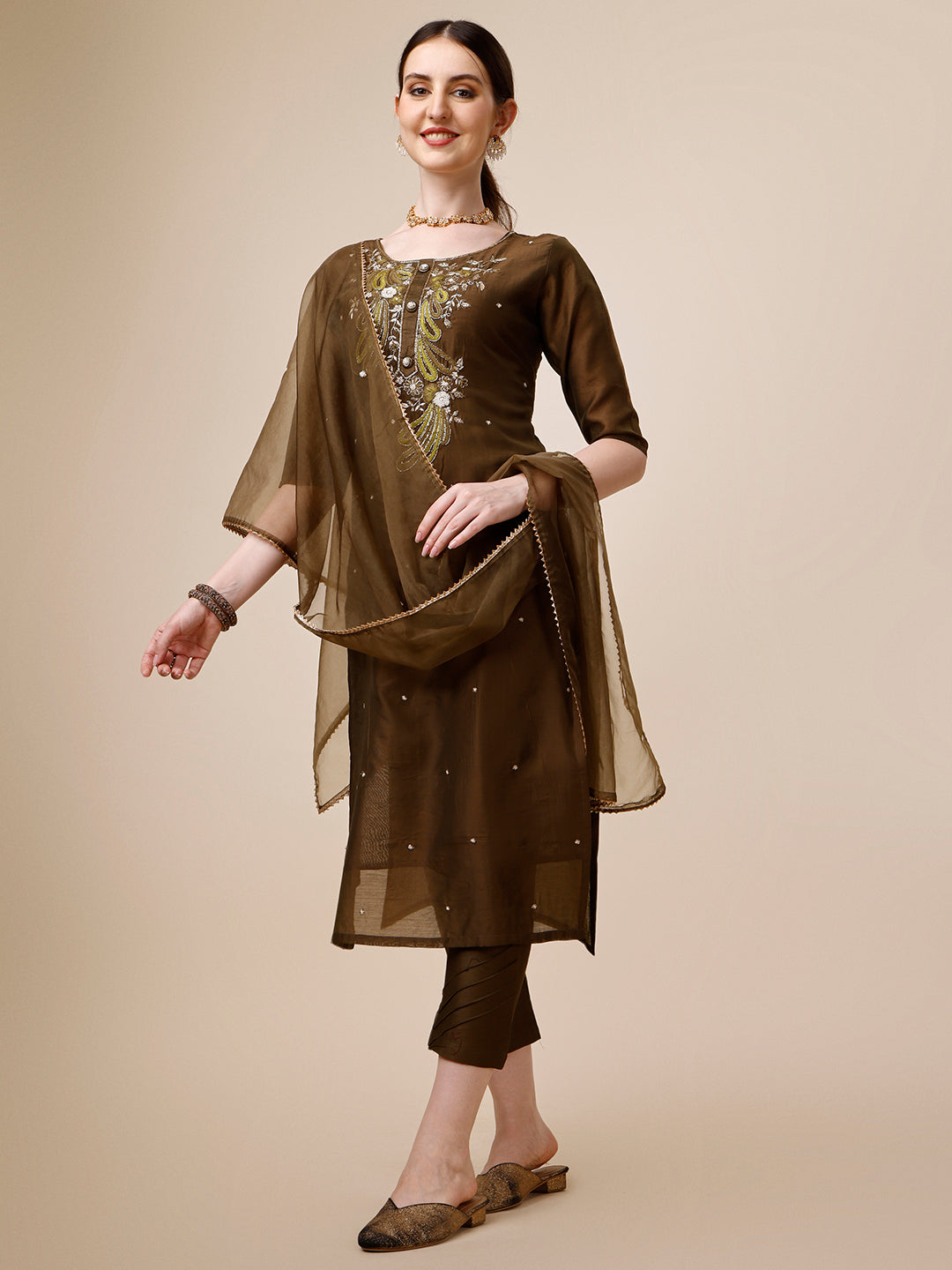 Embroidered Green Kurta With Pant And Dupatta Set, Multicolor - Hiral Fashion | Grocsy