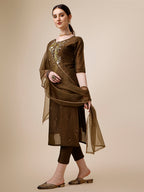 Embroidered Green Kurta With Pant And Dupatta Set, Multicolor - Hiral Fashion | Grocsy