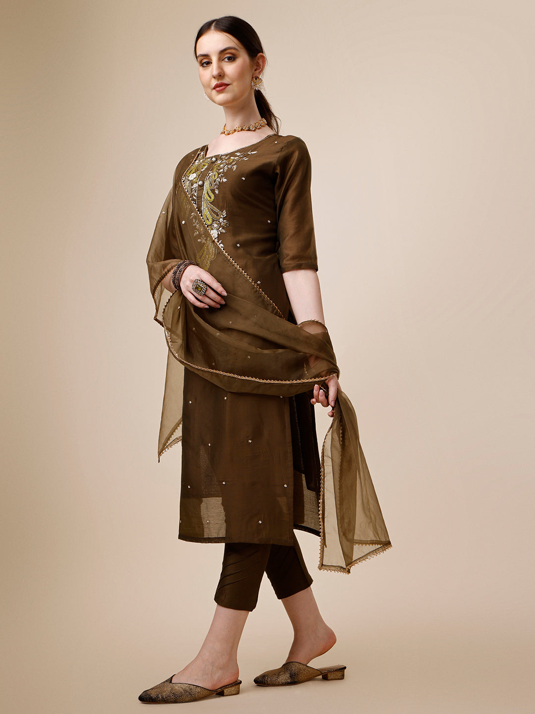 Embroidered Green Kurta With Pant And Dupatta Set, Multicolor - Hiral Fashion | Grocsy