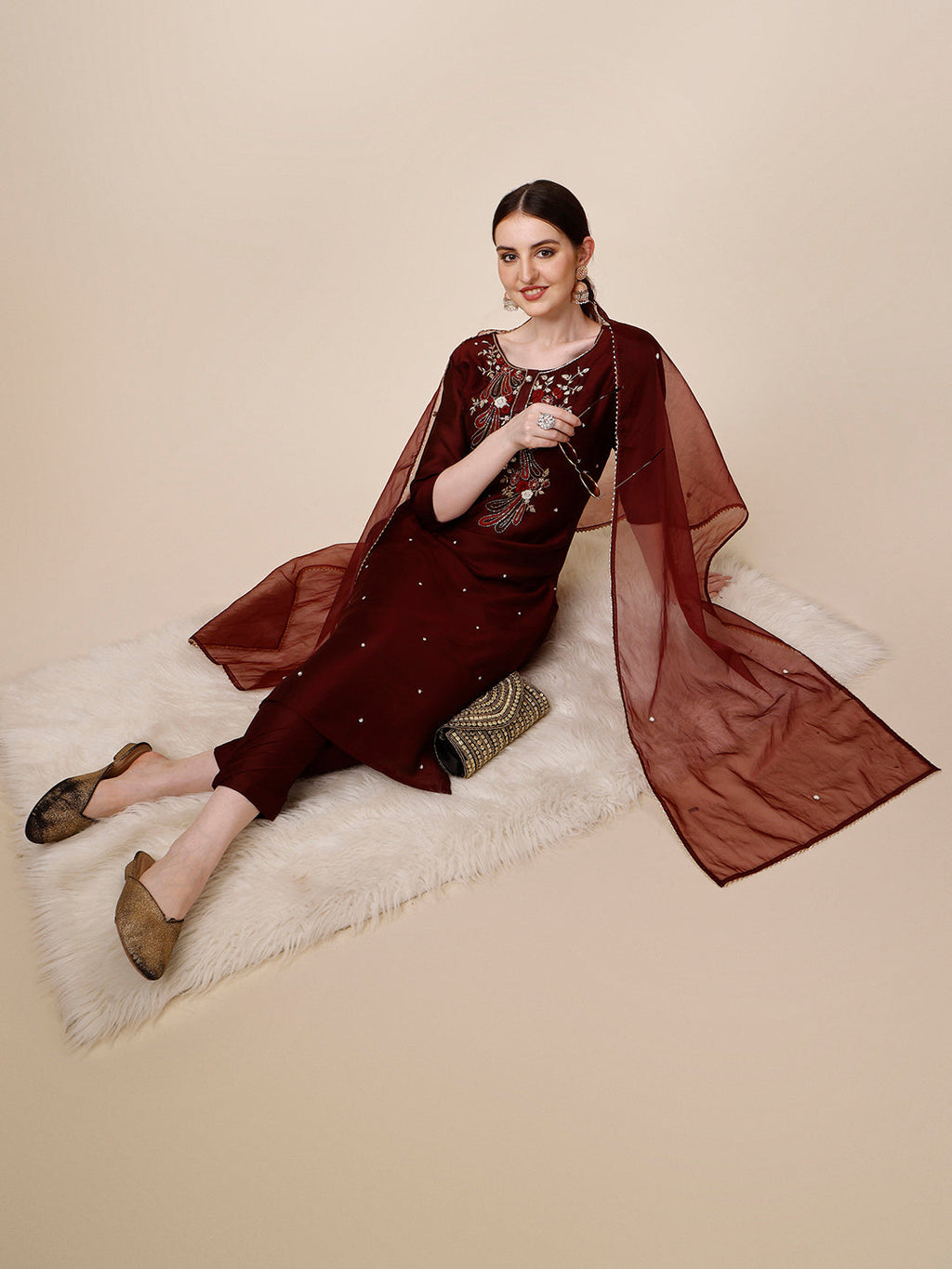 Embroidered Maroon Kurta With Pant And Dupatta Set, Multicolor - Hiral Fashion | Grocsy