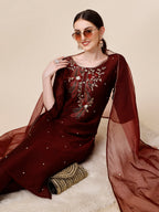 Embroidered Maroon Kurta With Pant And Dupatta Set, Multicolor - Hiral Fashion | Grocsy
