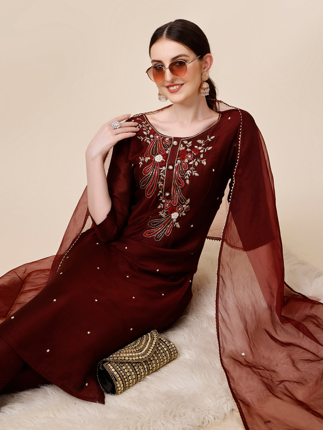 Embroidered Maroon Kurta With Pant And Dupatta Set, Multicolor - Hiral Fashion | Grocsy