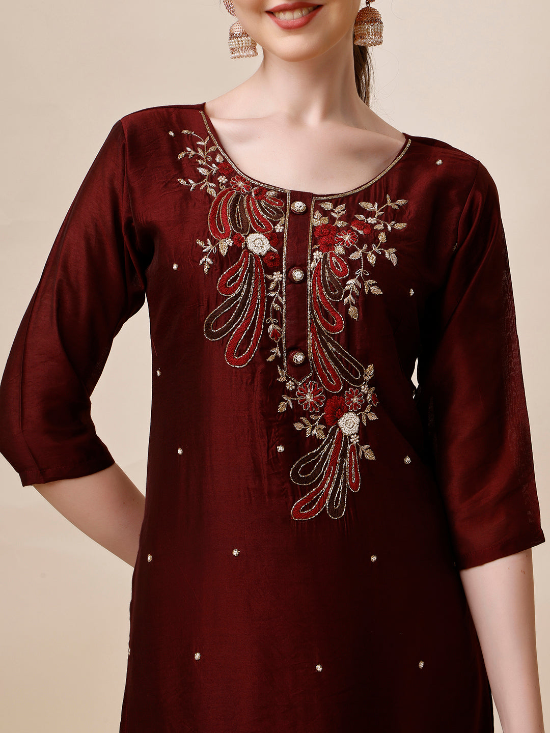 Embroidered Maroon Kurta With Pant And Dupatta Set, Multicolor - Hiral Fashion | Grocsy