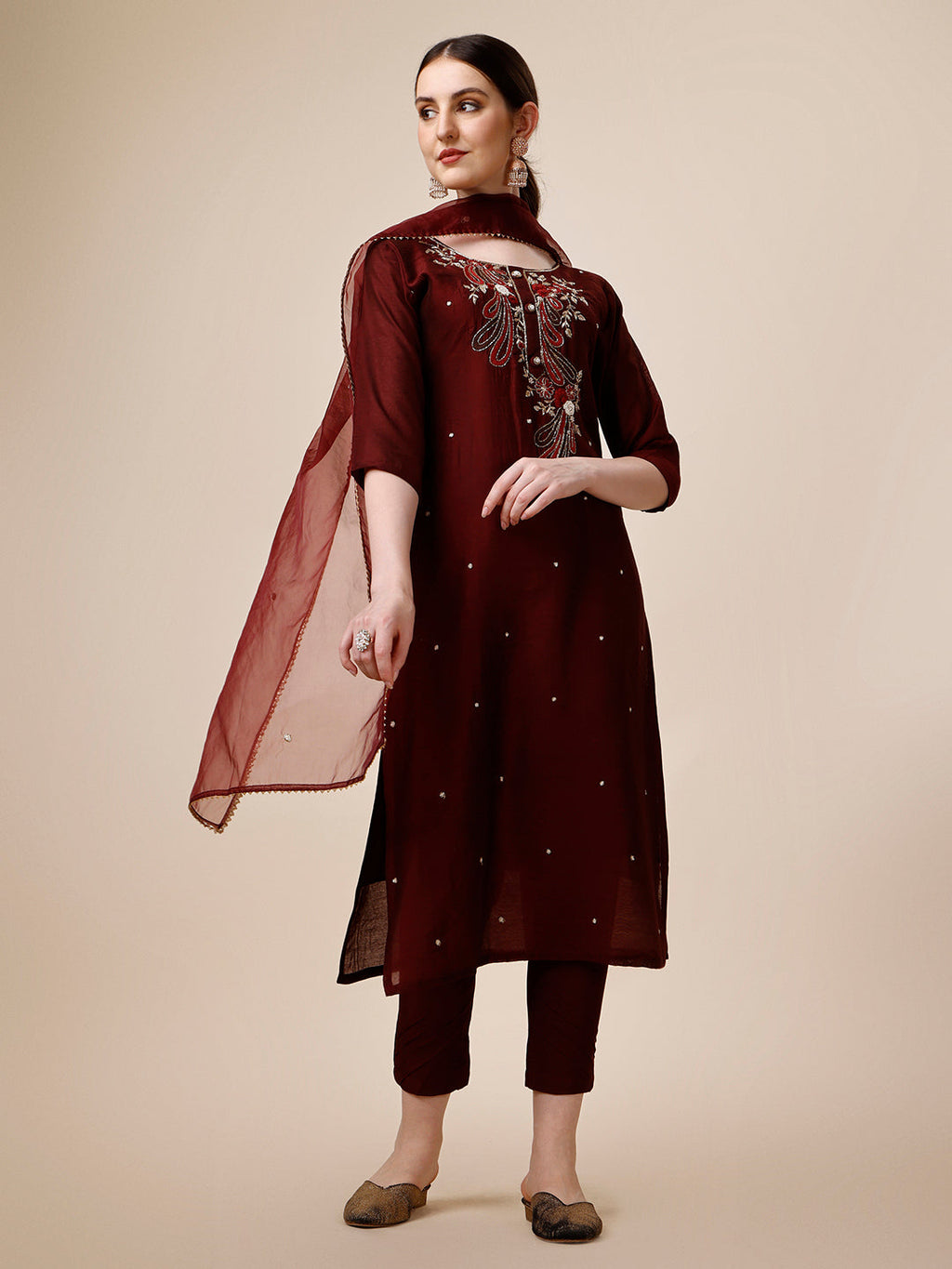 Embroidered Maroon Kurta With Pant And Dupatta Set, Multicolor - Hiral Fashion | Grocsy