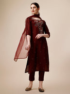 Embroidered Maroon Kurta With Pant And Dupatta Set, Multicolor - Hiral Fashion | Grocsy