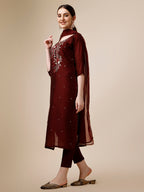 Embroidered Maroon Kurta With Pant And Dupatta Set, Multicolor - Hiral Fashion | Grocsy
