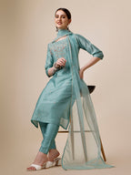 Hand Embroidered Kurta With Pant & Dupatta Set, Multicolor - Hiral Fashion | Grocsy